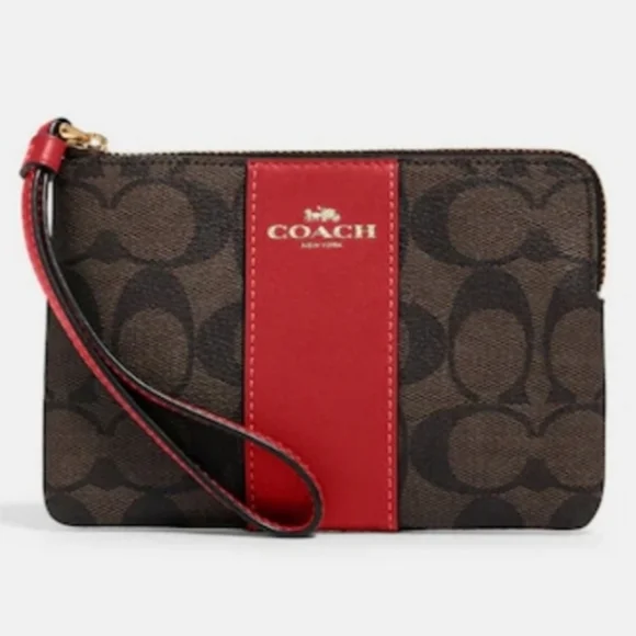 🆕️Coach Signature Monogram Brown/Red Wristlet W Dust Bag - Picture 4 of 12
